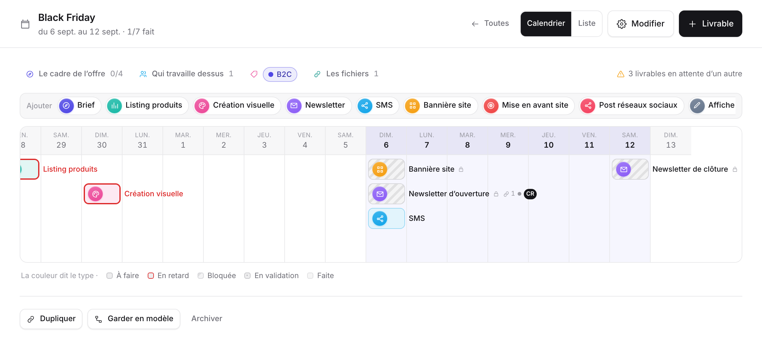 Le calendrier d’une opération commerciale, avec ses livrables répartis sur les jours